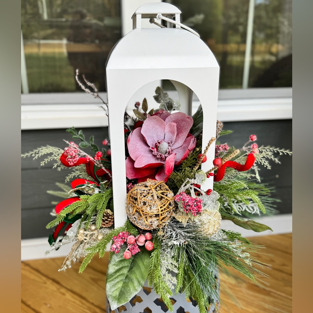 Large White Winter Lantern Floral Arrangement